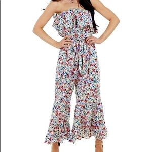 Umgee Boho‎ Cream Floral Print Strapless Wide Leg Jumpsuit Small